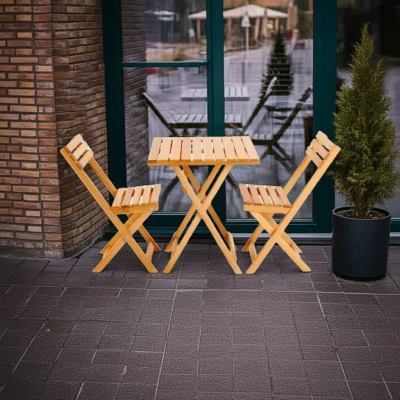 Katlanır Masif Ahşap Bistro Set | 2 Sandalye + 1 Masa